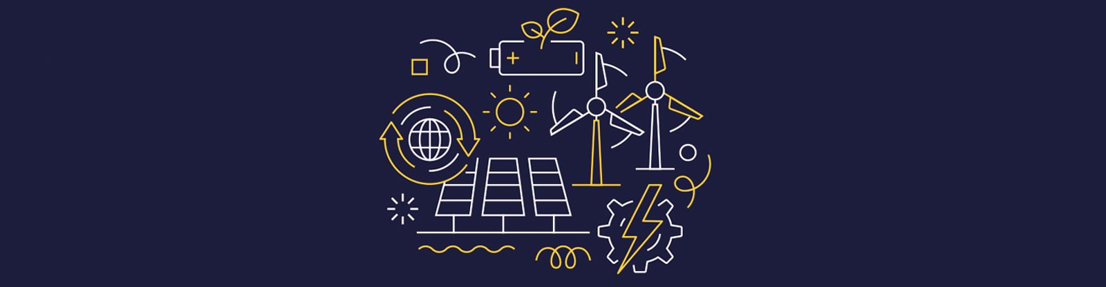 White and yellow icons symbolizing clean energy